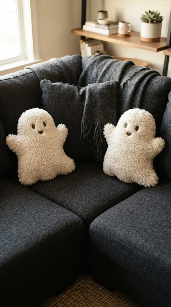 Two white fluffy ghost plush pillows on gray couch together