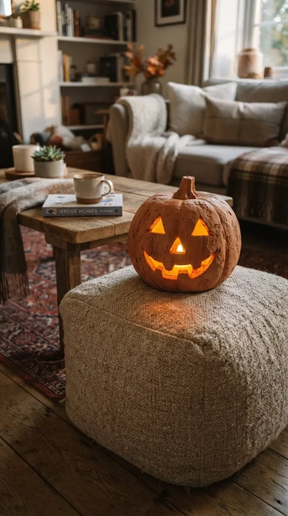 Carved glowing pumpkin on ottoman in cozy living room scene