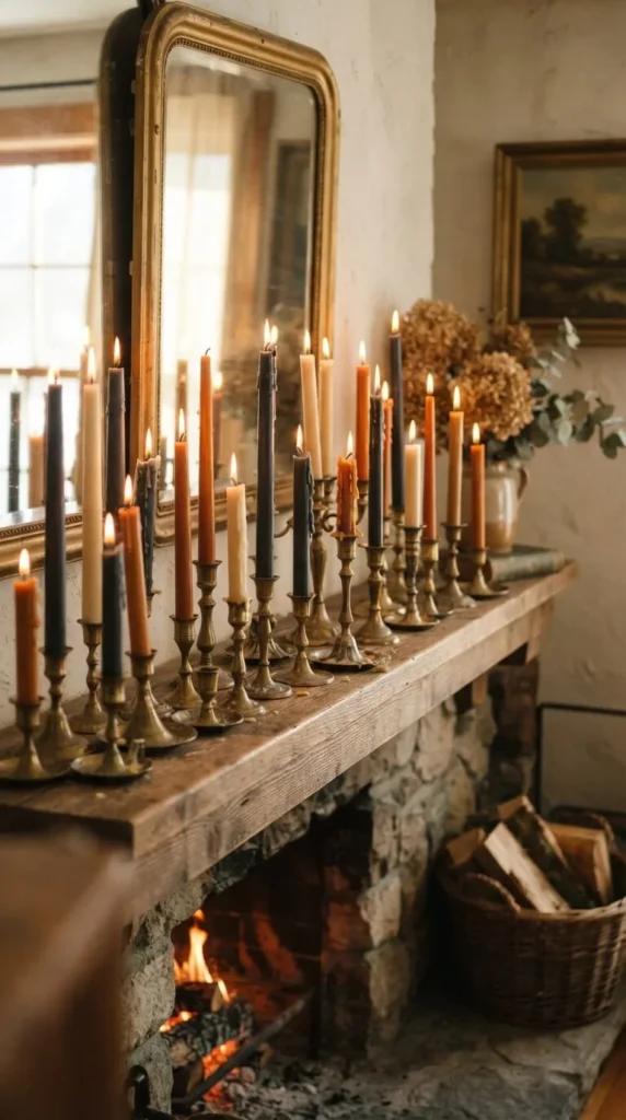 Lit candles on wooden mantel above stone fireplace with mirror