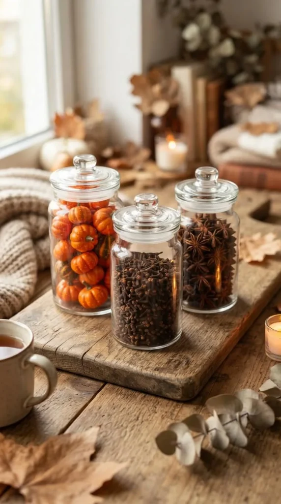Three glass jars with pumpkins, cloves, star anise on wood