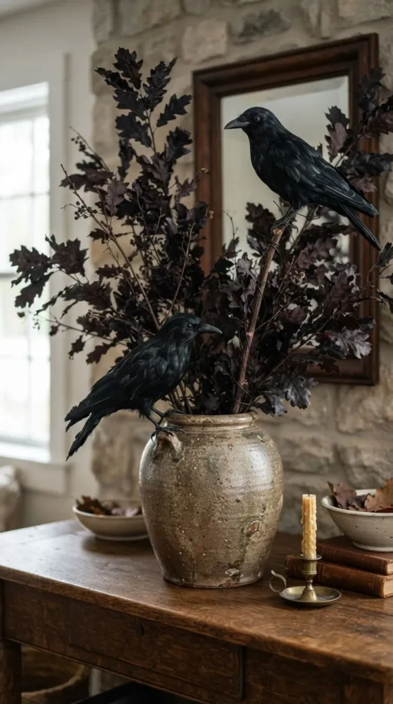 Two black crows perched on a vase with dark leaves