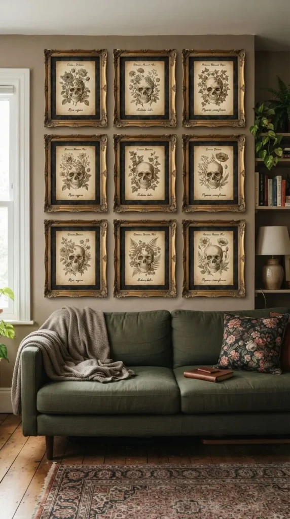 Green sofa, nine framed skull botanical prints, window, bookshelf, rug.