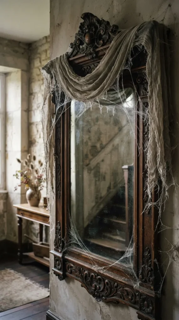 A dusty, cobweb-covered ornate mirror in a dim old hallway.
