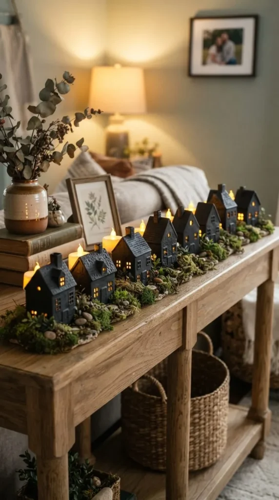 Wooden console table displays miniature houses with lit candles moss