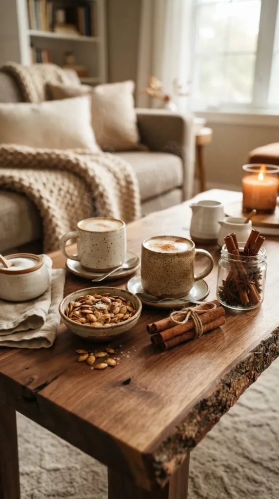 Steaming mugs cinnamon seeds on rustic table cozy living room