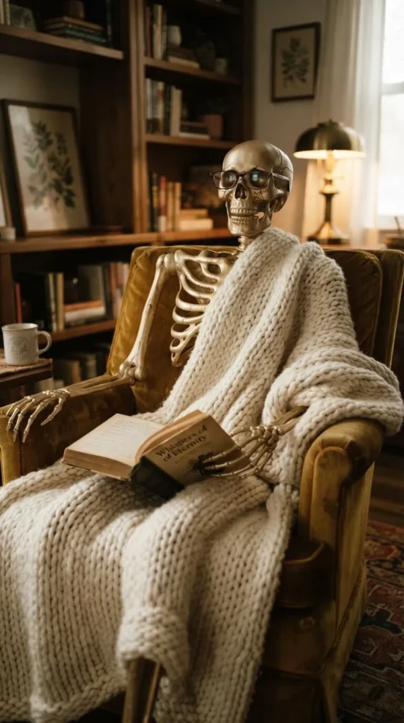 Skeleton wearing glasses reads book while wrapped in cozy blanket.