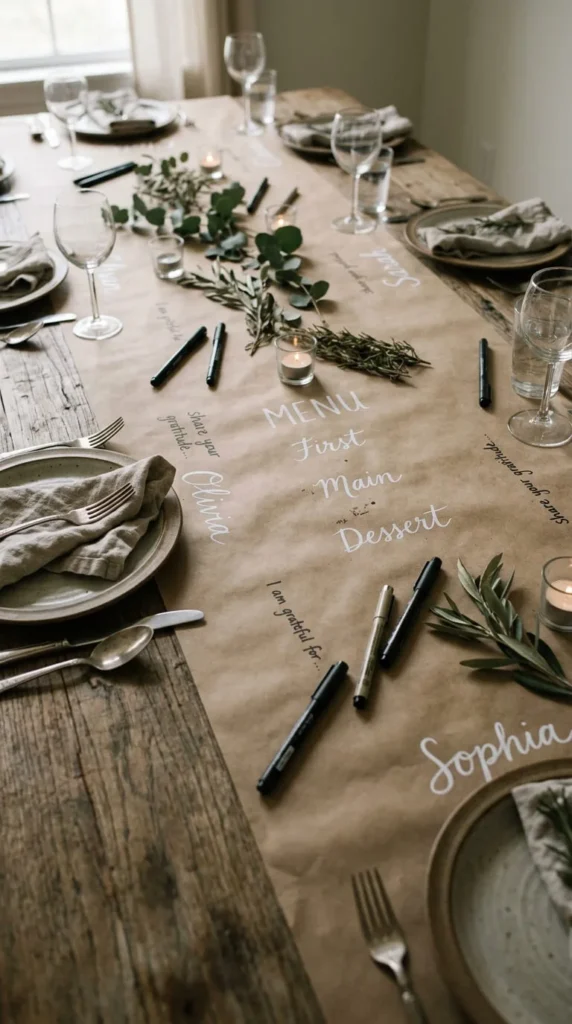 Rustic wooden table with menu, place settings, greenery, candles lit