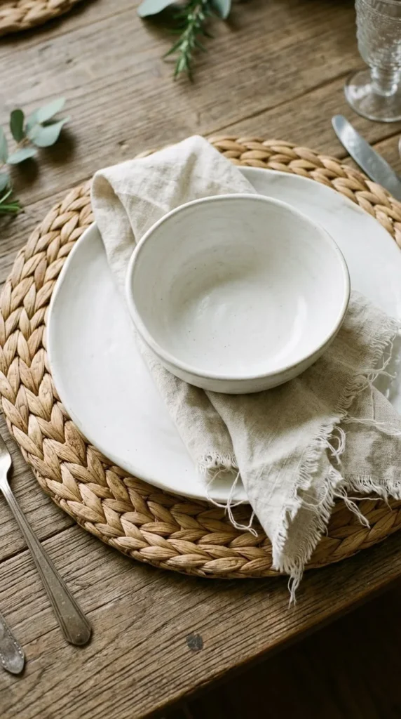 Rustic wooden table with woven placemat white plate bowl napkin