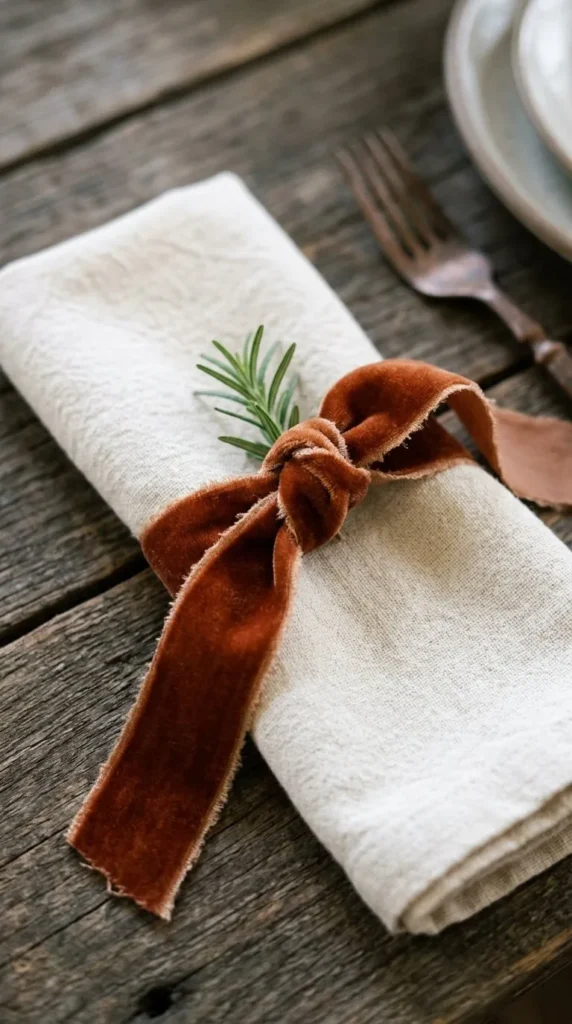 White napkin tied with brown velvet ribbon and rosemary sprig.