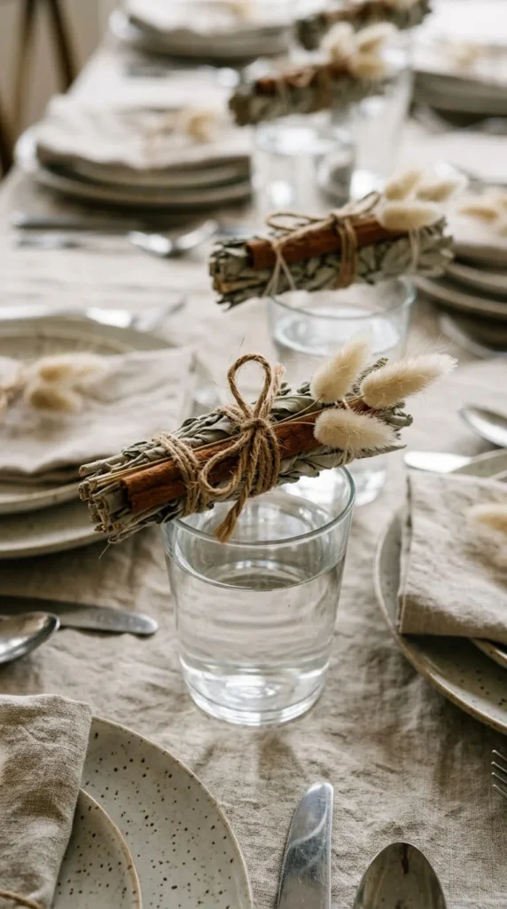 Rustic table setting featuring plates, napkins, silverware, glass, herb centerpiece.