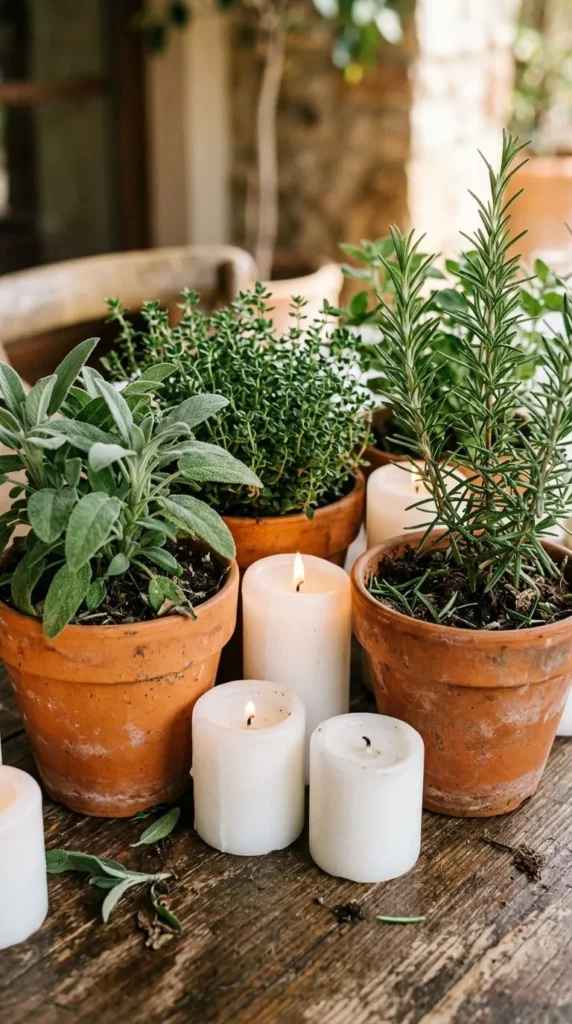 Potted herbs and lit candles on rustic wooden table cozy.