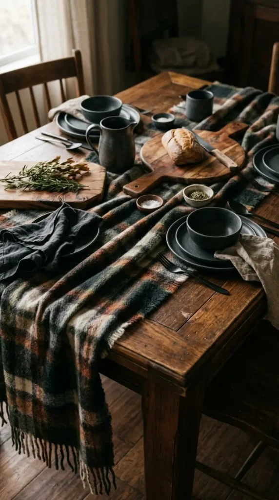 Wooden table set with plates, bowls, bread, herbs, plaid cloth.