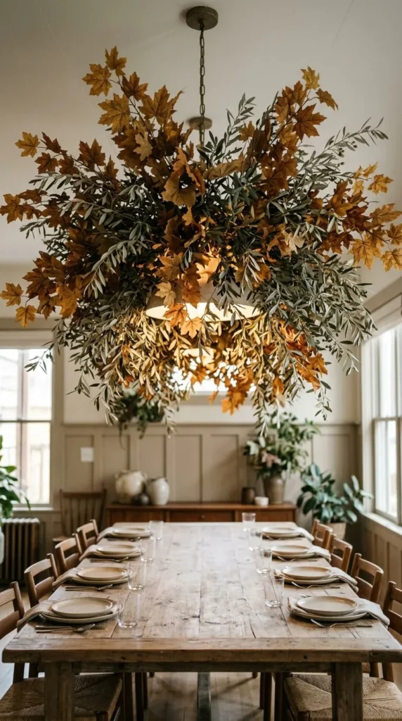 Large wooden table set with plates, under hanging leaf chandelier.